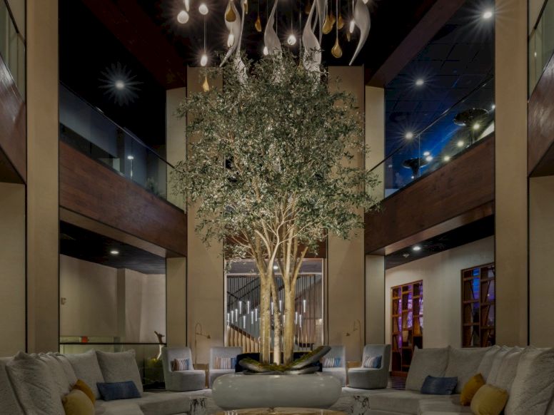 A modern indoor lobby with a tall centerpiece tree, warm ceiling lights, and surrounding sofas.
