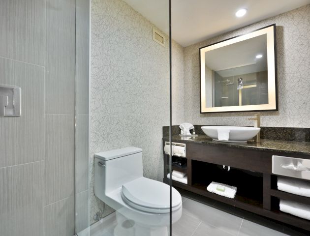 A modern bathroom with a glass-enclosed shower, toilet, and a vanity featuring a large mirror, sink, and storage shelves with towels.