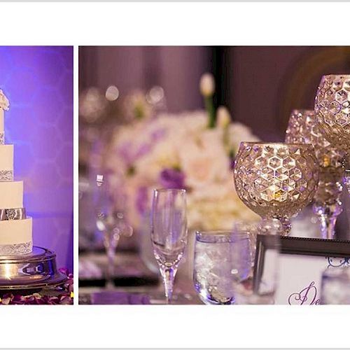 The image shows a wedding scene with a tiered cake and elegant table setting featuring candles and flowers.