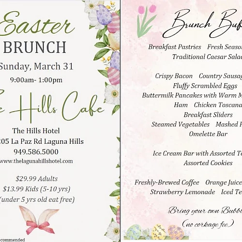 An invite for Easter Brunch at The Hills Caf&eacute; on March 31, 9am-1pm, with details about the brunch buffet menu and pricing at The Hills Hotel.