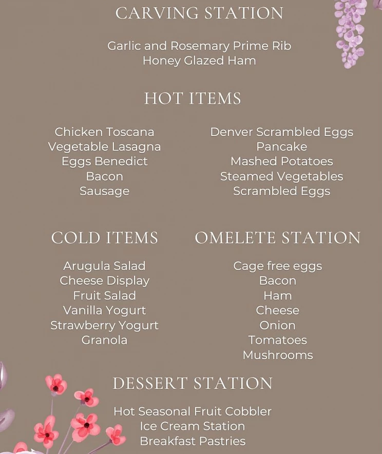 Mother's Day Brunch Menu: Carving station, hot items, cold dishes, omelette station, dessert station. Floral border design.
