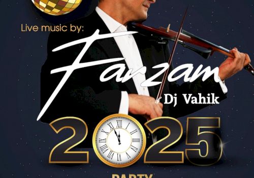 The image is an event poster featuring live music by Farzam and DJ Vahik for a New Year's Eve party on December 31, 2024, at The Hills Hotel.