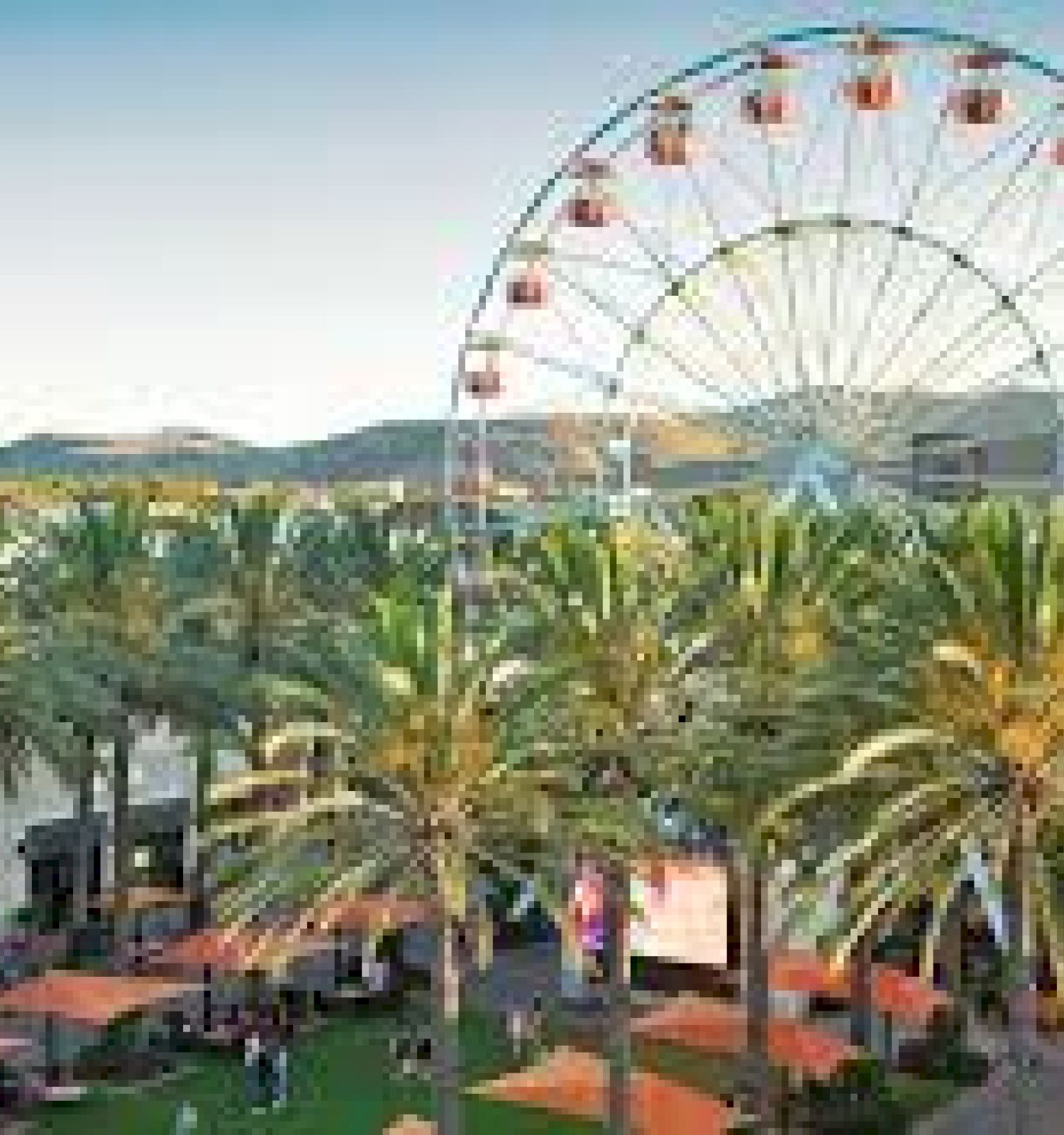 The image shows a Ferris wheel behind palm trees, with a plaza and people. The sky is clear, suggesting a pleasant day.