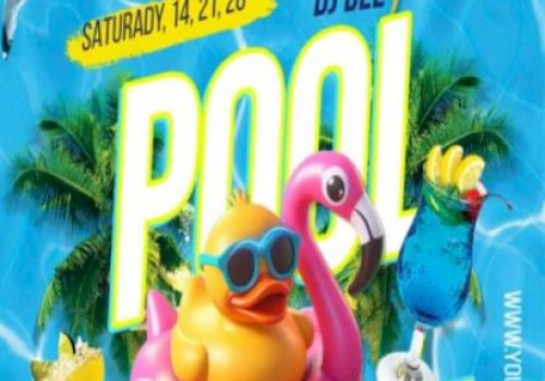 This is a flyer for a pool party at Voco Laguna Hills on Saturday, featuring music by DJ Dee, with all ages welcome and free parking.