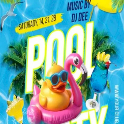 This is a flyer for a pool party at Voco Laguna Hills on Saturday, featuring music by DJ Dee, with all ages welcome and free parking.