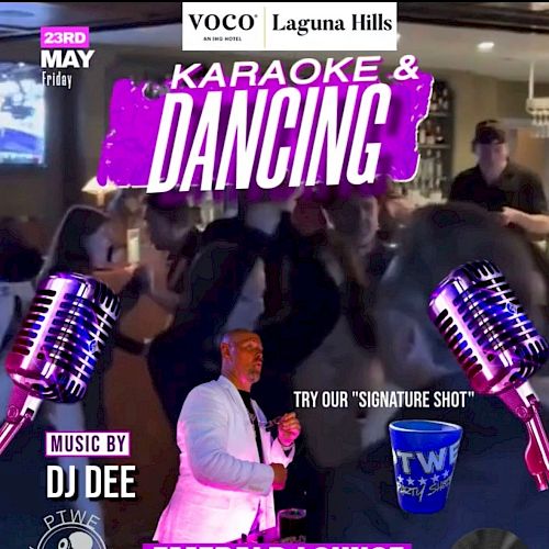 Flyer for a karaoke and dancing event at Emerald Lounge, 25205 La Paz Rd, Laguna Hills. Music by DJ Dee, starts at 7 PM.